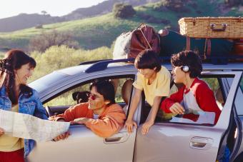 اسرة، إلى داخل، السيارة المتوقفة، looking at، الخريطة