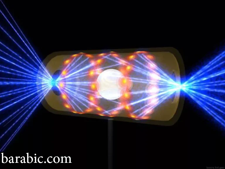 يظهر هذا الرسم التوضيحي المقدم من مرفق الإشعال الوطني في مختبر لورانس ليفرمور الوطني كرية مستهدفة داخل كبسولة hohlraum مع دخول أشعة الليزر من خلال فتحات في كل طرف. تقوم الحزم بضغط وتسخين الهدف إلى الظروف اللازمة لحدوث الاندماج النووي / (مختبر لورانس ليفرمور الوطني عبر AP)