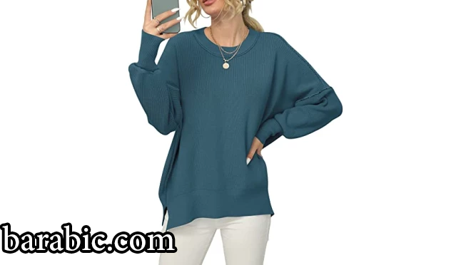 ANRABESS المرأة Crewneck Batwing الأكمام المتضخم الجانب شق مضلع متماسكة البلوز سترة أعلى