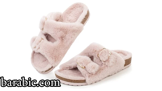 شبشب FITORY نسائي مفتوح مع بطانة مريحة ، صنادل من فراء فلين أرنب صناعي مقاس 6-11