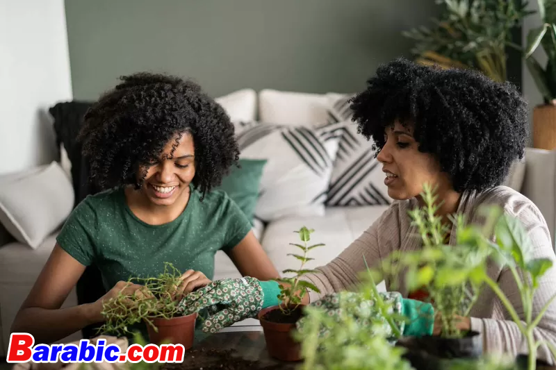 الأم وابنتها تعتنيان بالنباتات معا في المنزل